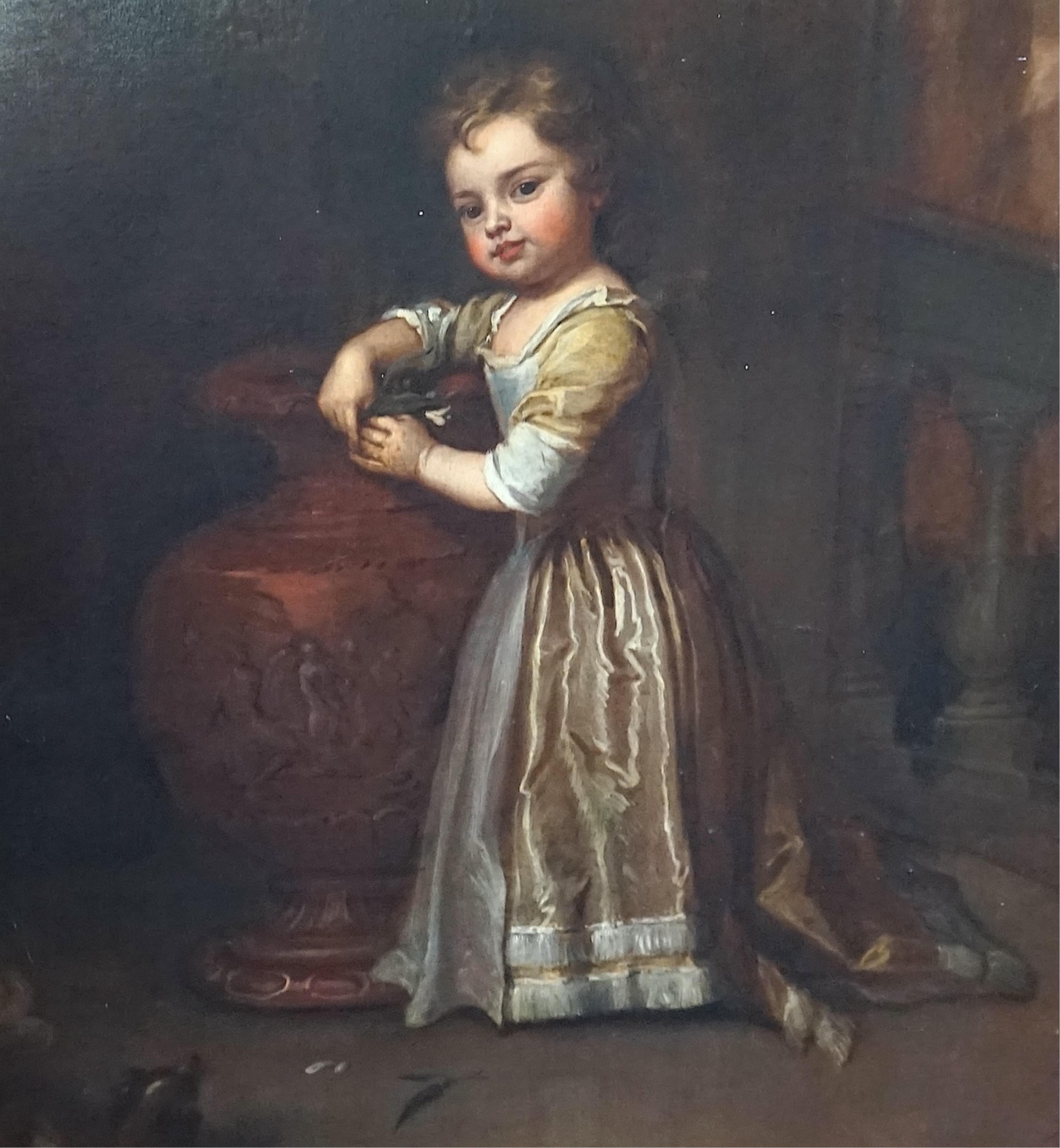 Studio of Sir Godfrey Kneller (1646-1723), Portrait of a child standing full length beside a classical urn, a small dog at her feet, oil on canvas, 126 x 101cm